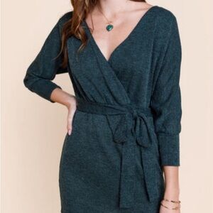 Francesca Harper Pauletta Open Back Wrap Mini Sweater Dress Green‎ Medium